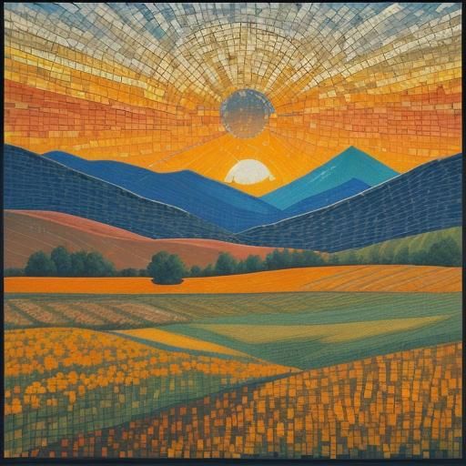 mosaic sky ::A weath farm with animals and a sunset in the b...