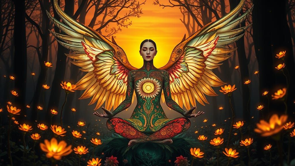 Women Rise with Swan Wings, Adorned in Golden Period Pattern...