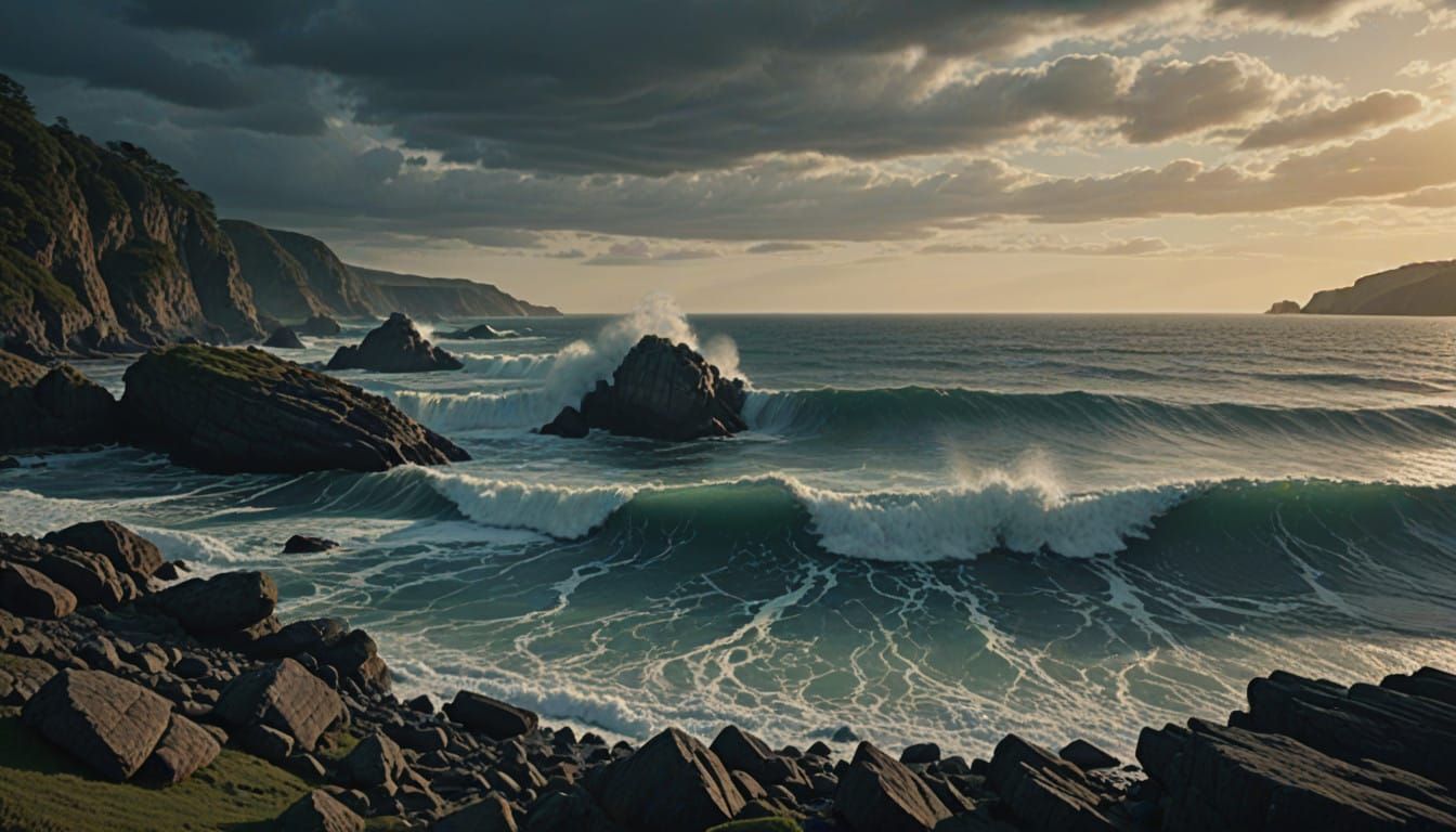 Surreal Cinematic Seascape with Film Grain and Vignette