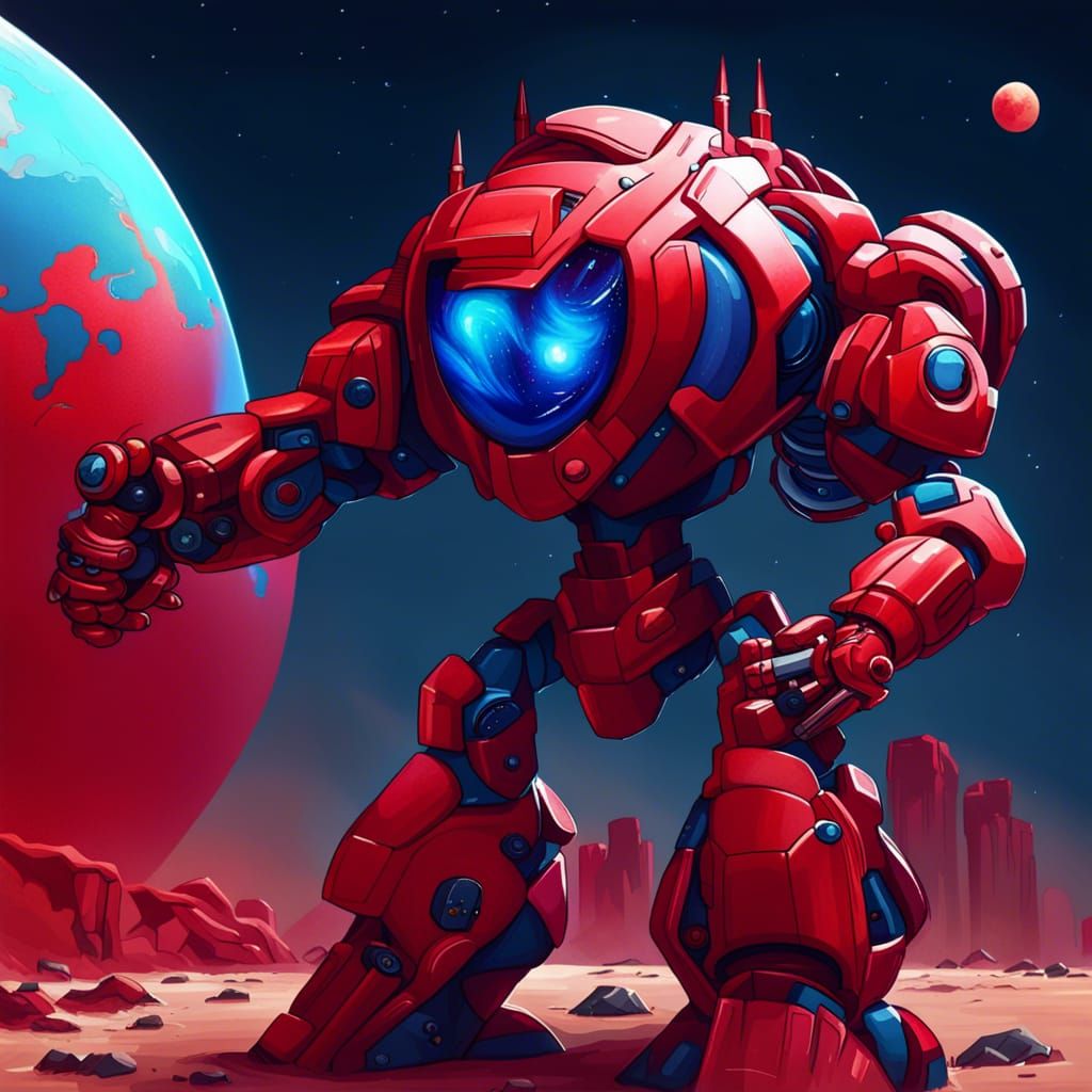 Red Mecha Robot Holding Blue Planet