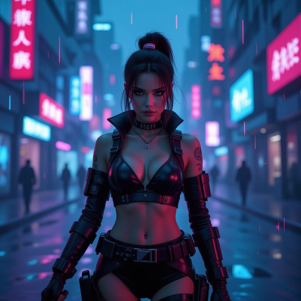 Dystopian Girl in Neon Cityscape with Glitch Effects