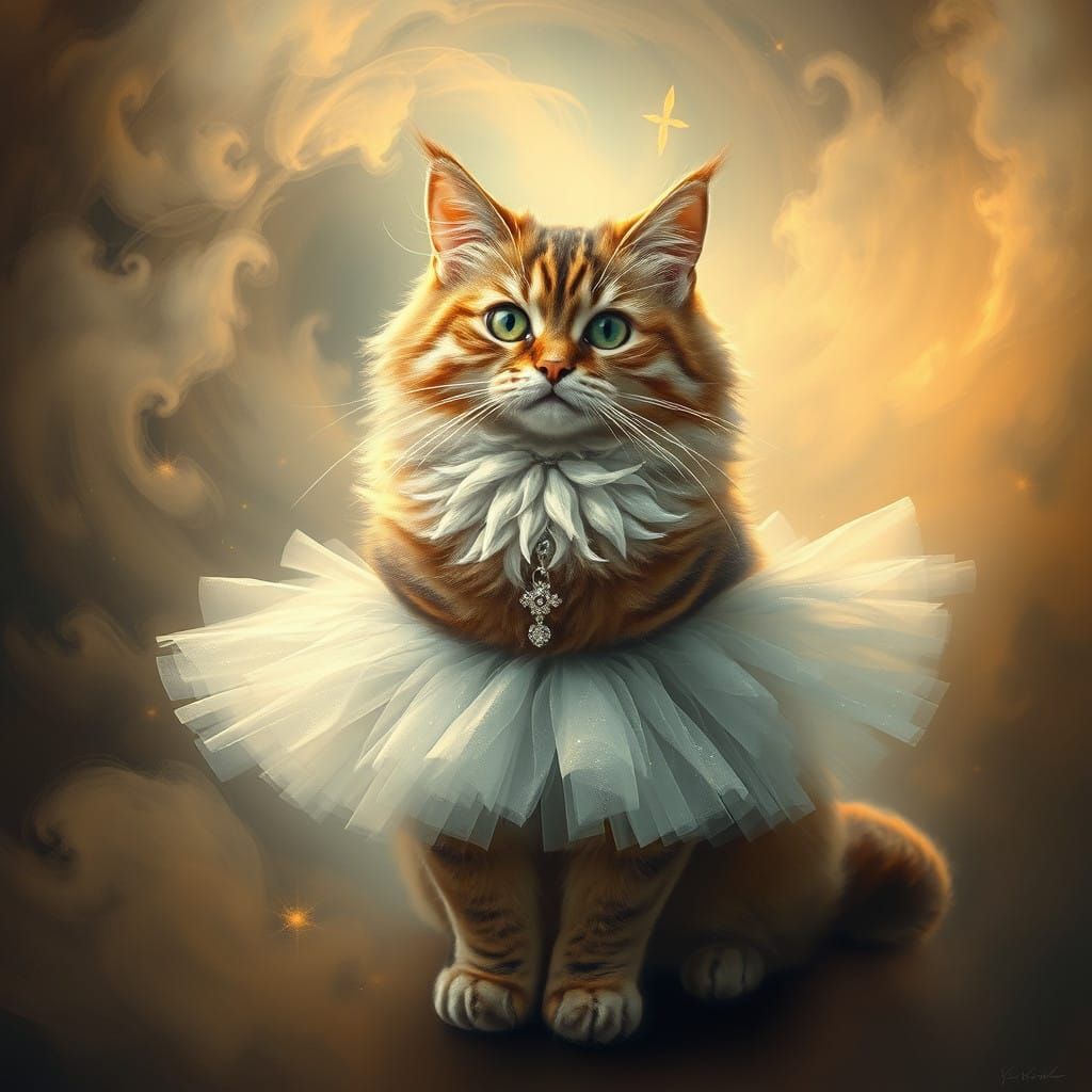 Regal Cat in Whimsical Tutu, Amidst Dreamy Vortex