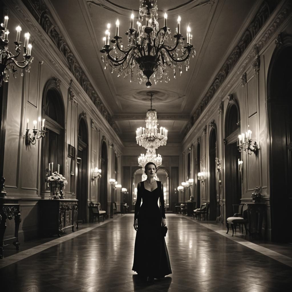 Film Noir Woman in Luxurious Mansion Hallway