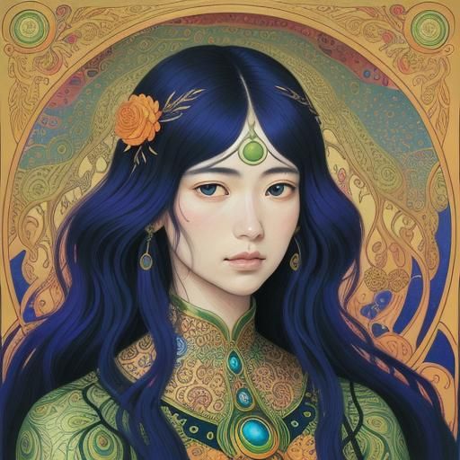 Dragon Peacock Woman in Art Nouveau Style