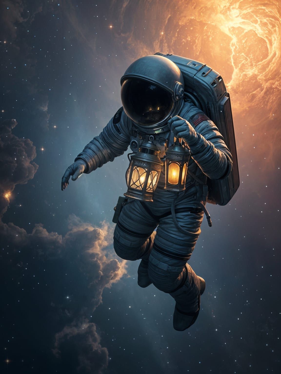 Astronaut Adrift in Nebula with Glowing Lantern