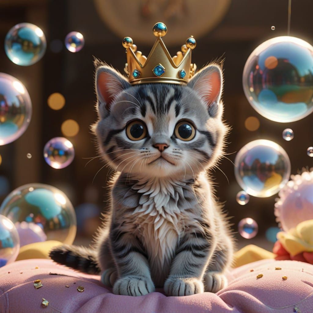 Crowned Kitten Gazing at Bubble in Pixar Style