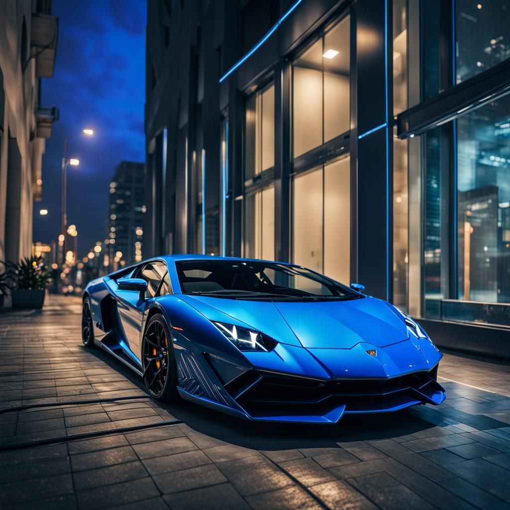 Blue Lamborghini Displayed in Modern City at Night