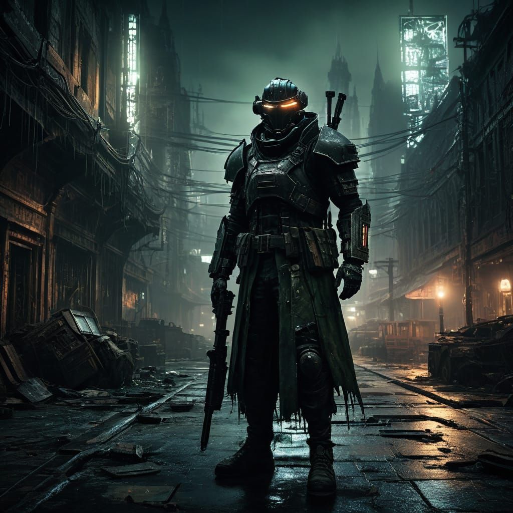 Gritty Sci-Fi Pilot in Gothic Armor Stands Amidst Abandoned ...