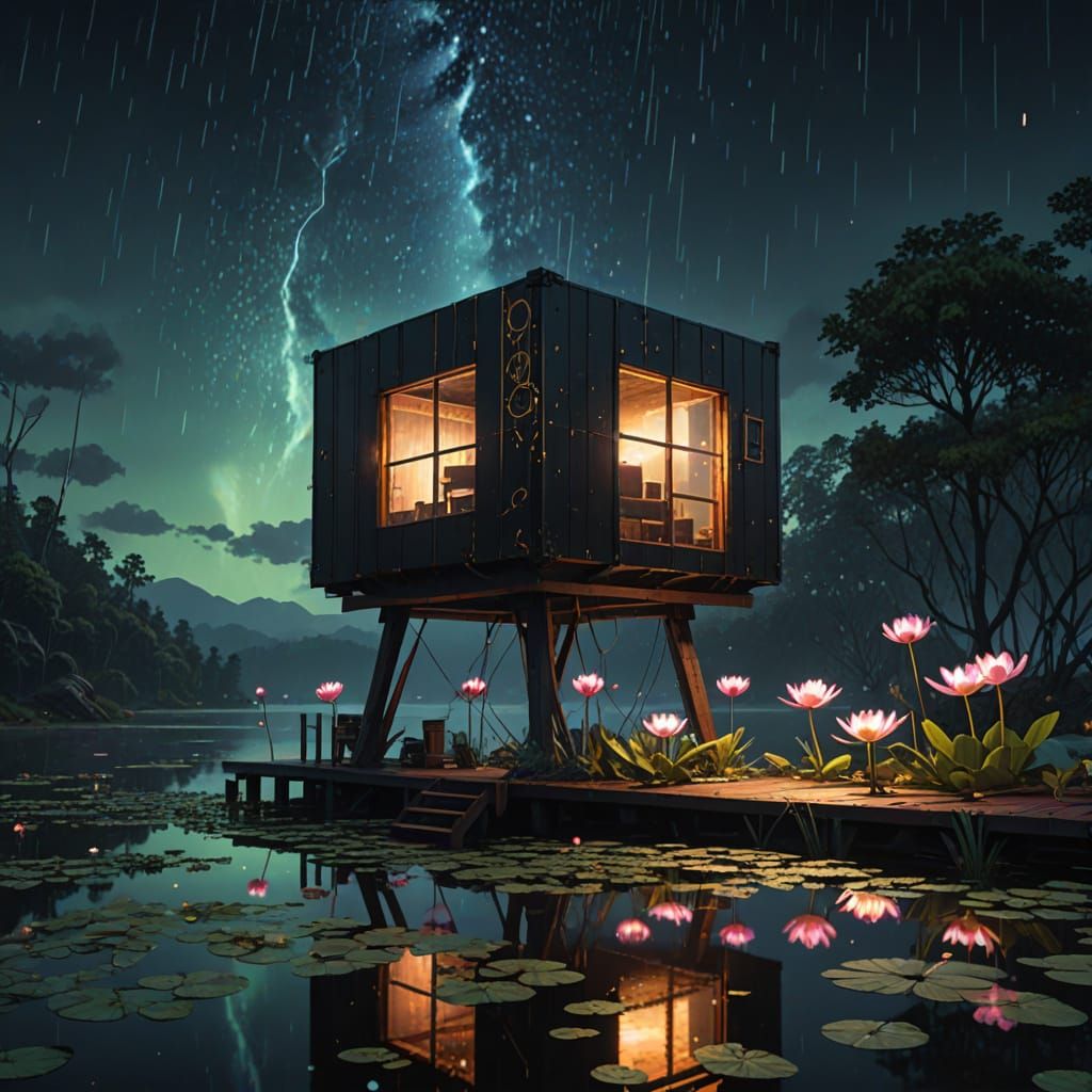 Cube-Shaped Cabin Under Starry, Mystical Skies