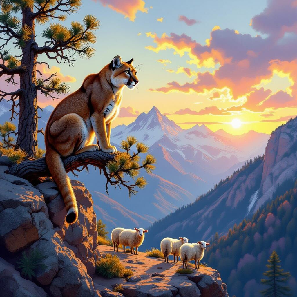 Mountain Lion Watches Sheep From Pine Branch
