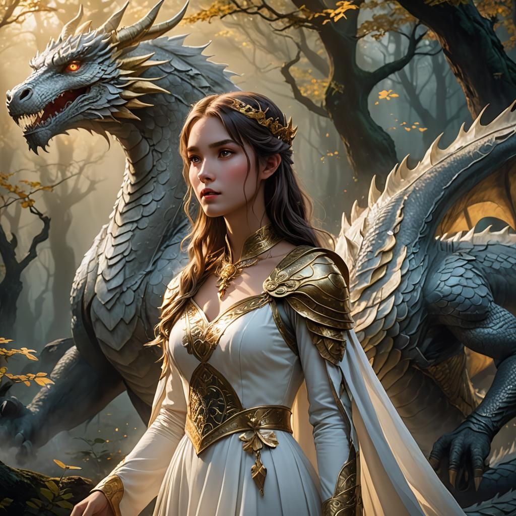 Girl and Dragon in Moonlit Forest: Anime 3D Art