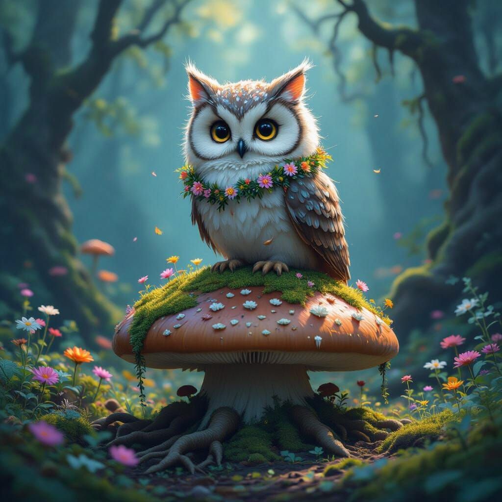 Enchanting Owl-Cat on Mushroom in Mystical Forest