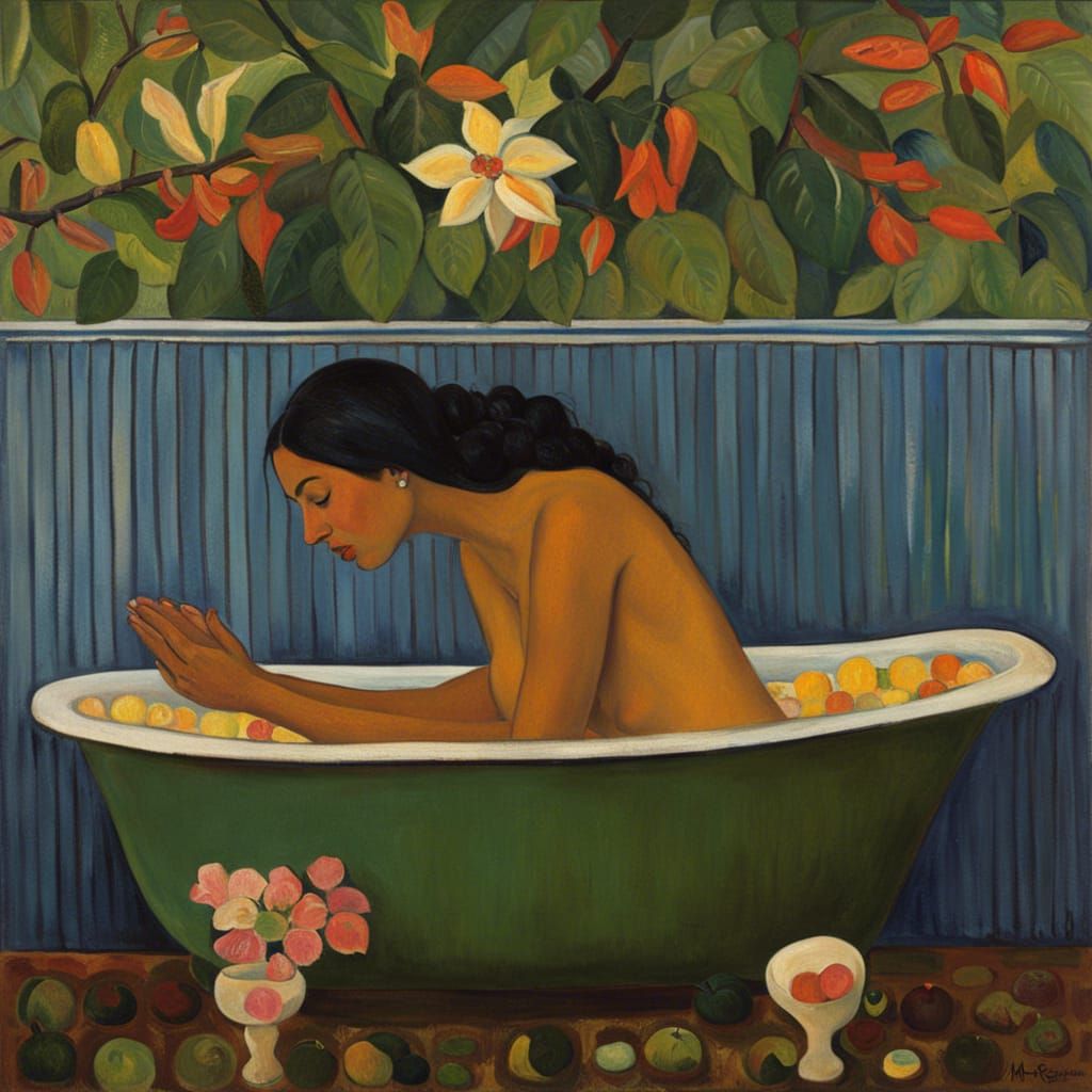 Tahitian Woman in Bathtub: Post-Impressionist Style