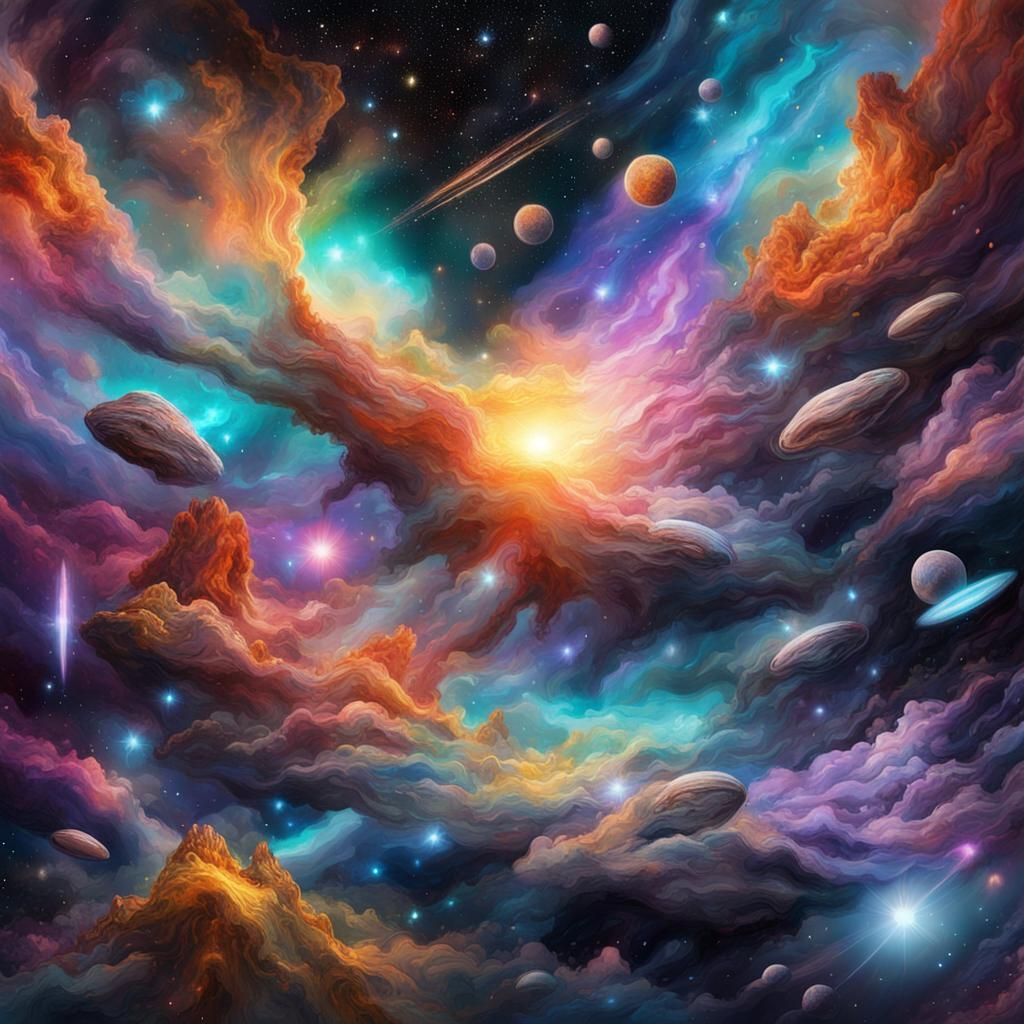 Hundreds of galaxies and meteors in the black sky
Colored clouds