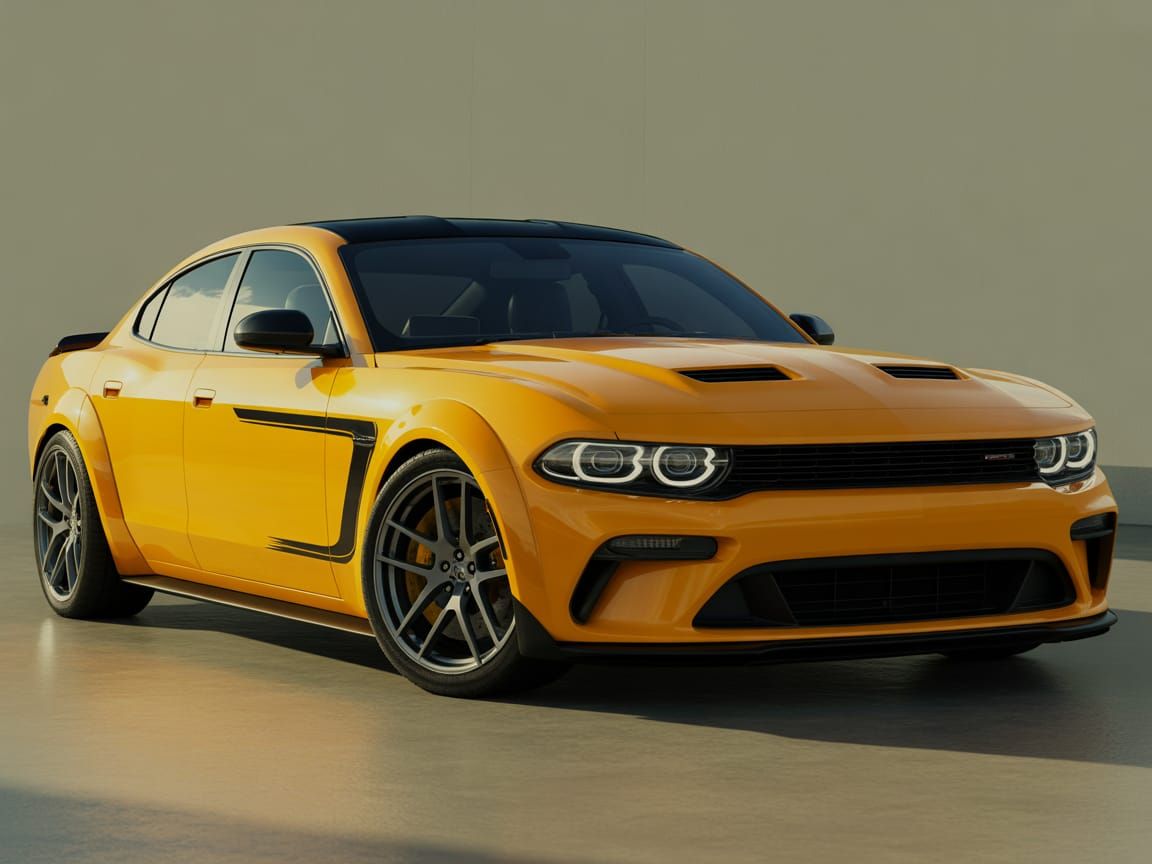 Yellow Muscle Sedan with Widebody in Showroom