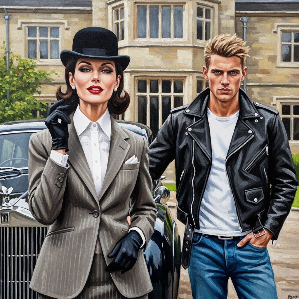 1960s Impressionist Oil Painting: Couple at English Manor