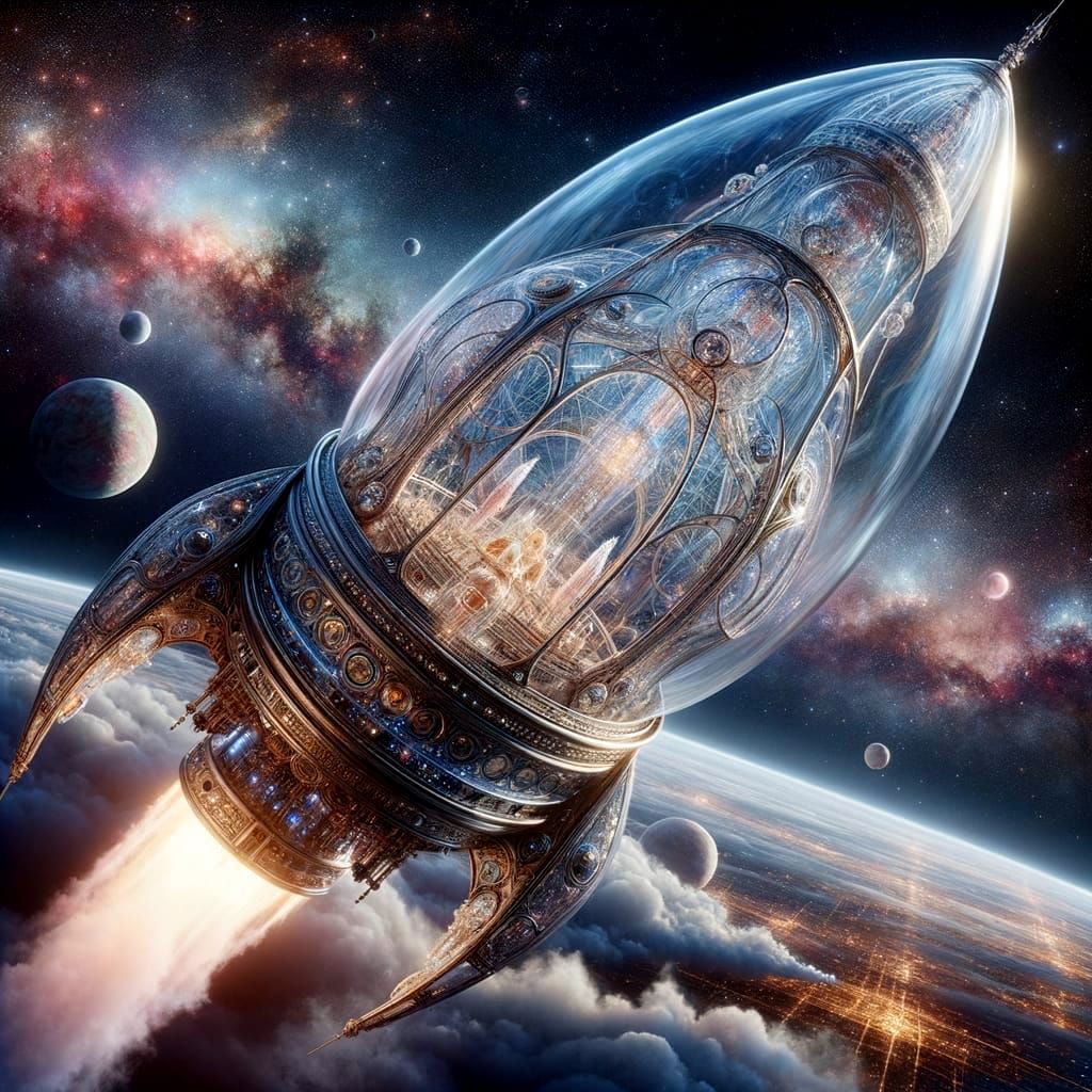 Glass Rocket's Celestial Voyage in Retro-Futuristic Style