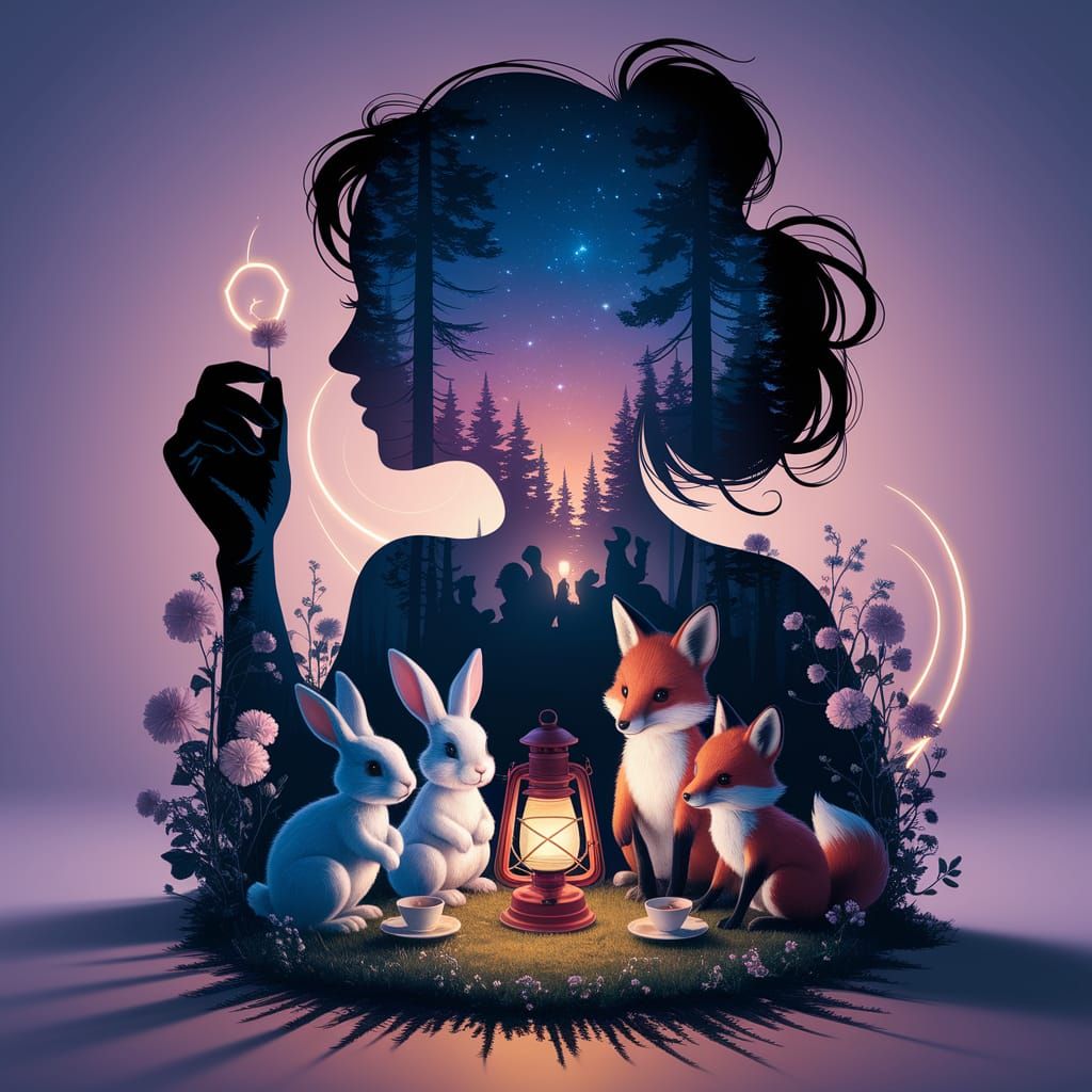 Dreamy Whimsical Forest Scene with Tea Party