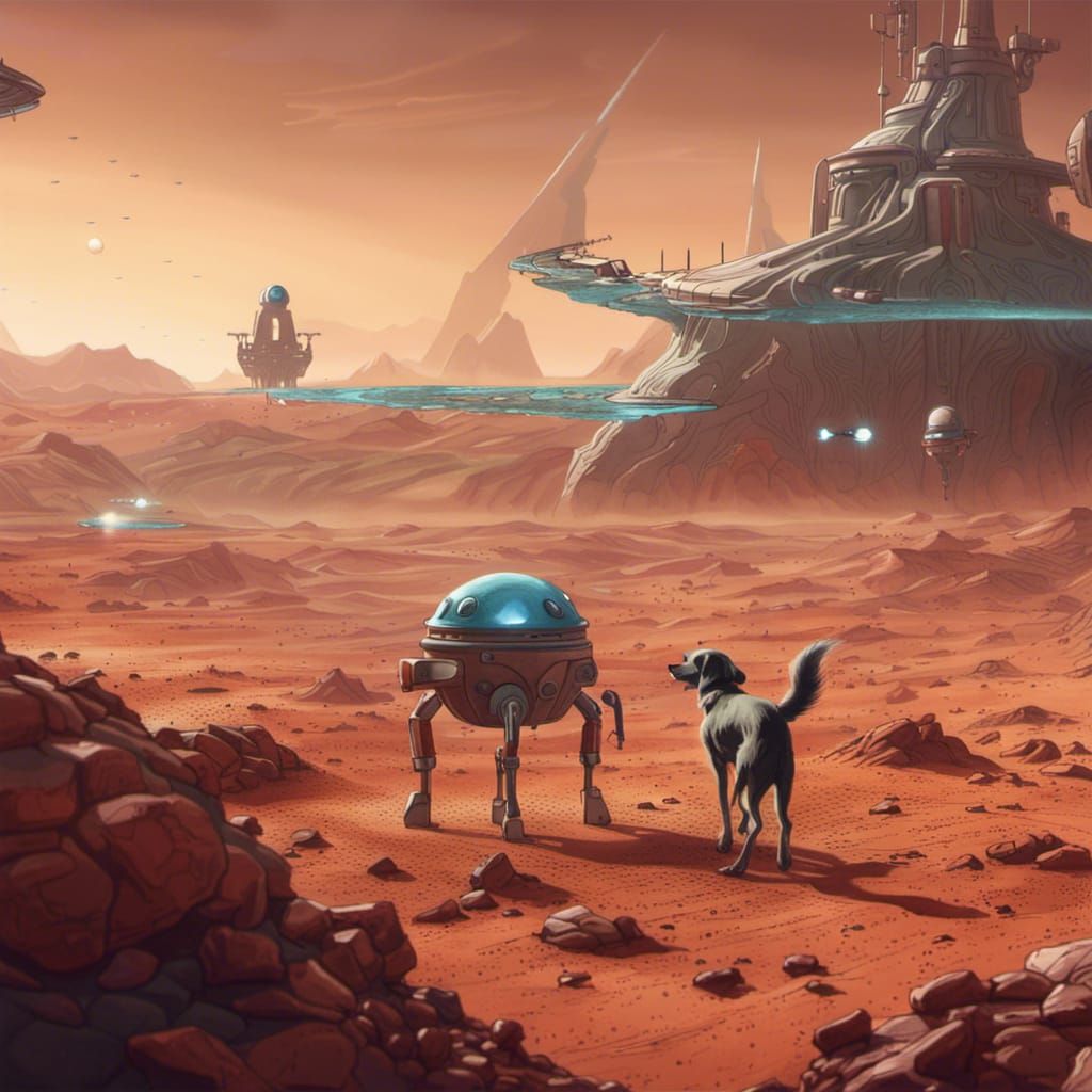 Watercolor Alien Invasion on Mars Teaching a Dog