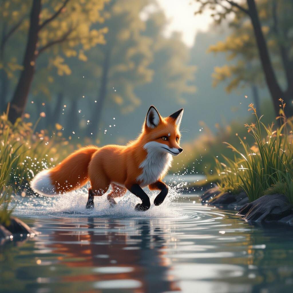 Swift Fox Splashing into Serene Pond in 3D Anime Style
