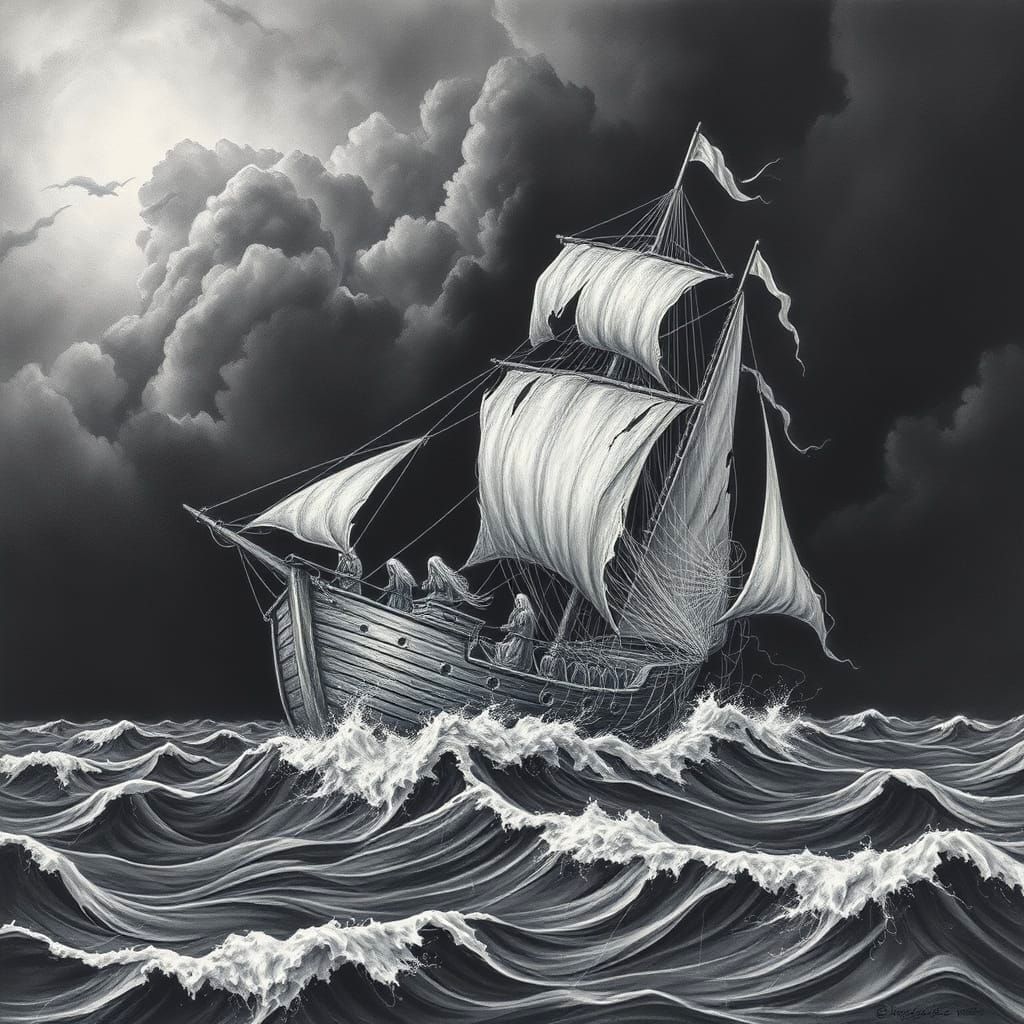 Ghost Ship Skimming Stormy Seas as Oil Painting