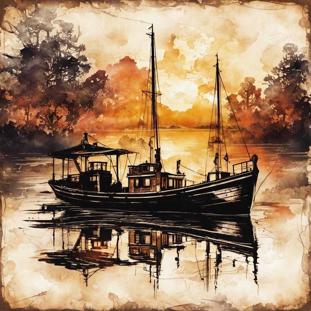 Steampunk Lake Scene at Sunset