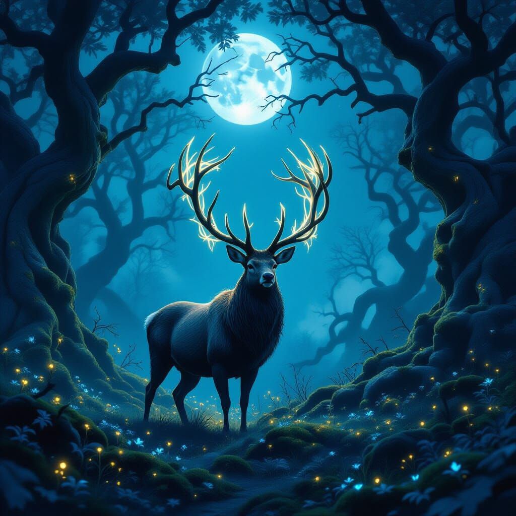 Majestic Stag in Moonlit Clearing with Glowing Runes