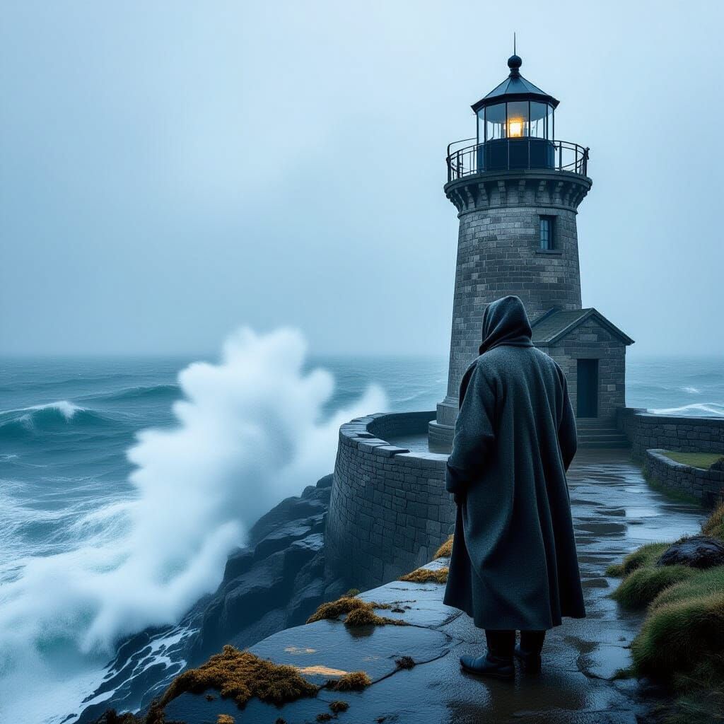 Stormy Sea Lighthouse Keeper on Cliff Edge