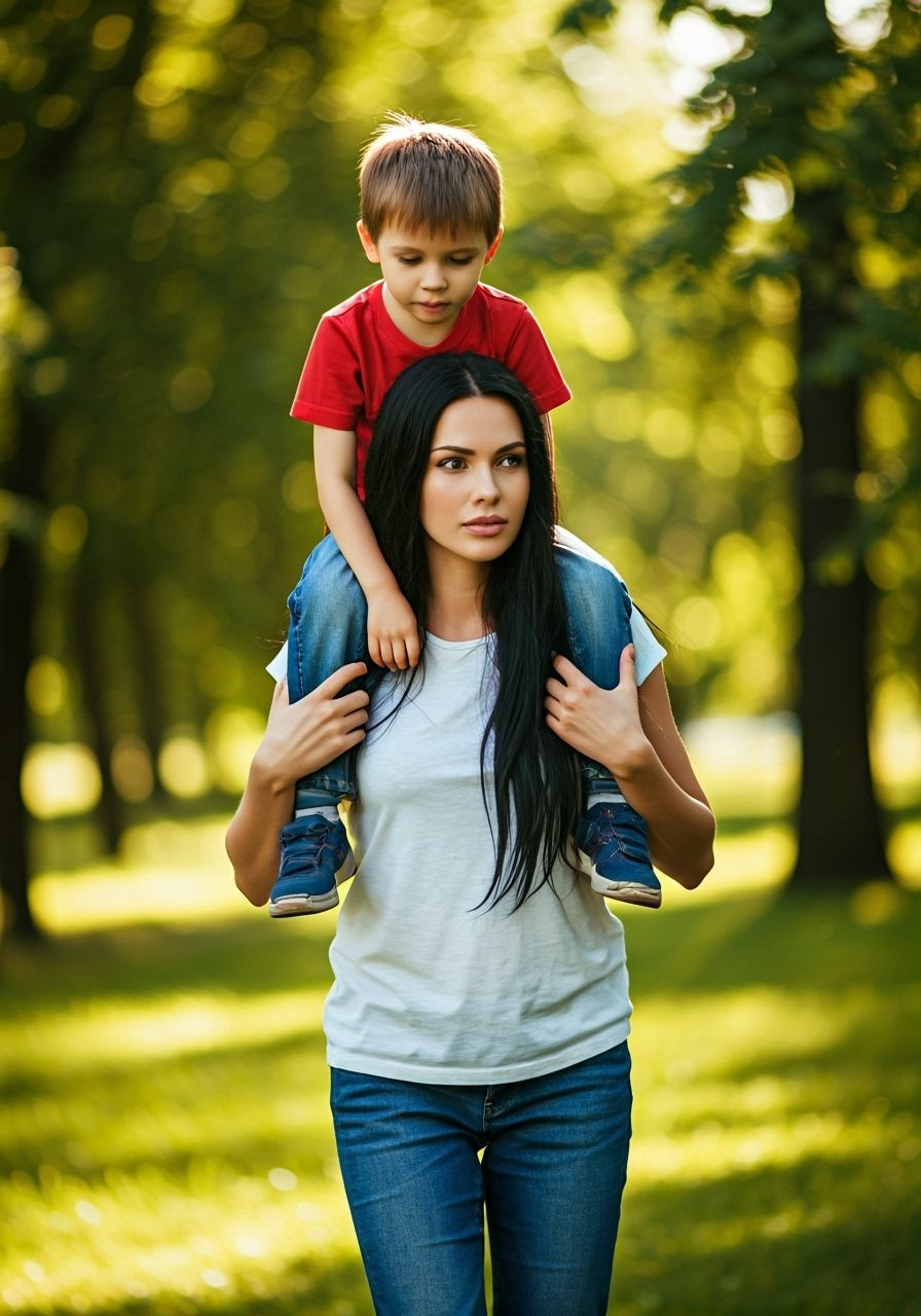 Woman Carrying Boy in Sun-Drenched Park