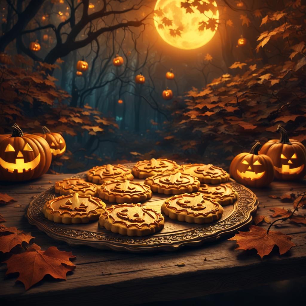 Ornate Halloween Pumpkin Cookies in Forest Clearing