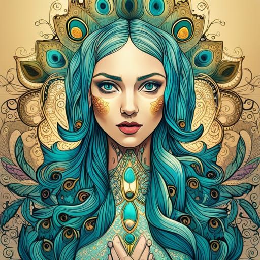 Luminous Queen of Peacock in Digital Painting Style