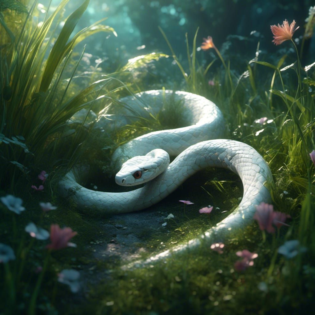 Opal White Snake in Grass: Detailed Matte Painting