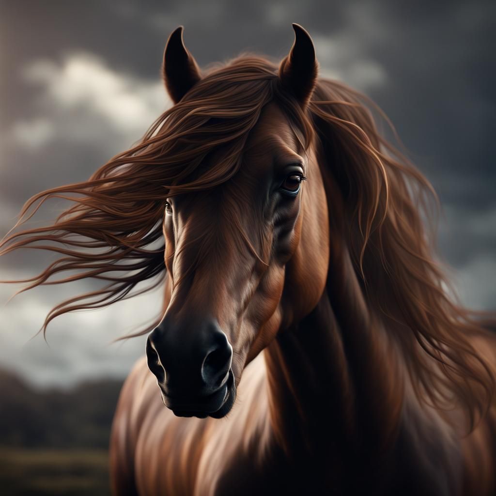 Majestic Brown Horse in Moody, Detailed Painting
