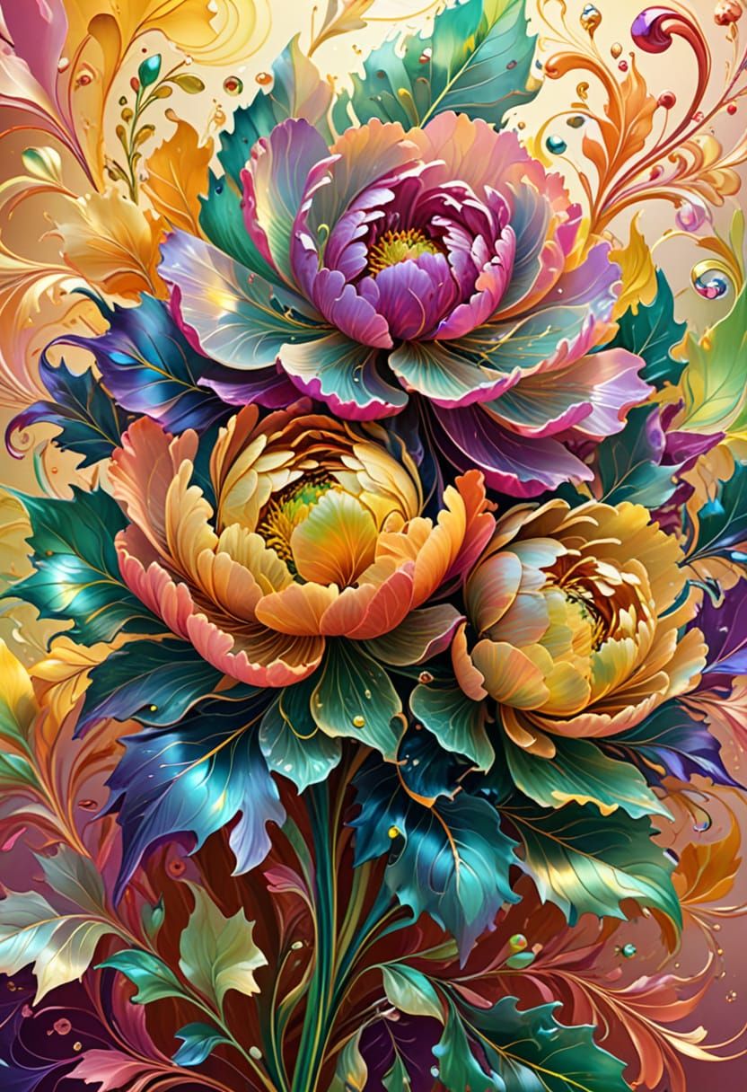 Vibrant, Swirling Peonies in Iridescent Hues