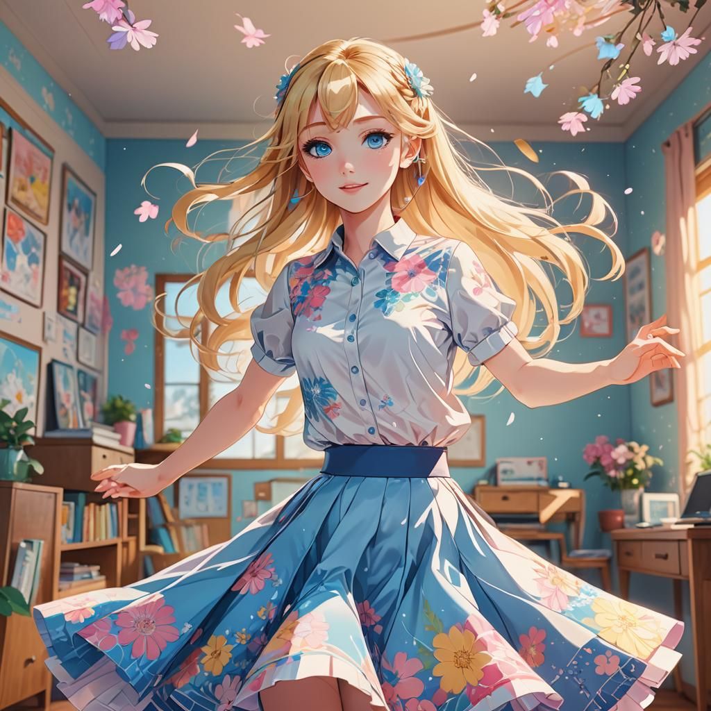Anime Girl Dancing in Room with Vibrant Colors