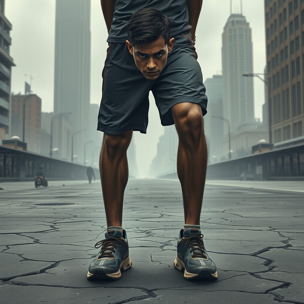 Determined Runner Stands Still in a Gritty Urban Landscape