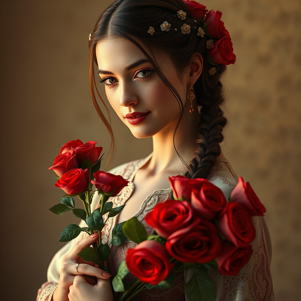 Woman in Traditional Dress with Red Roses, Art Nouveau