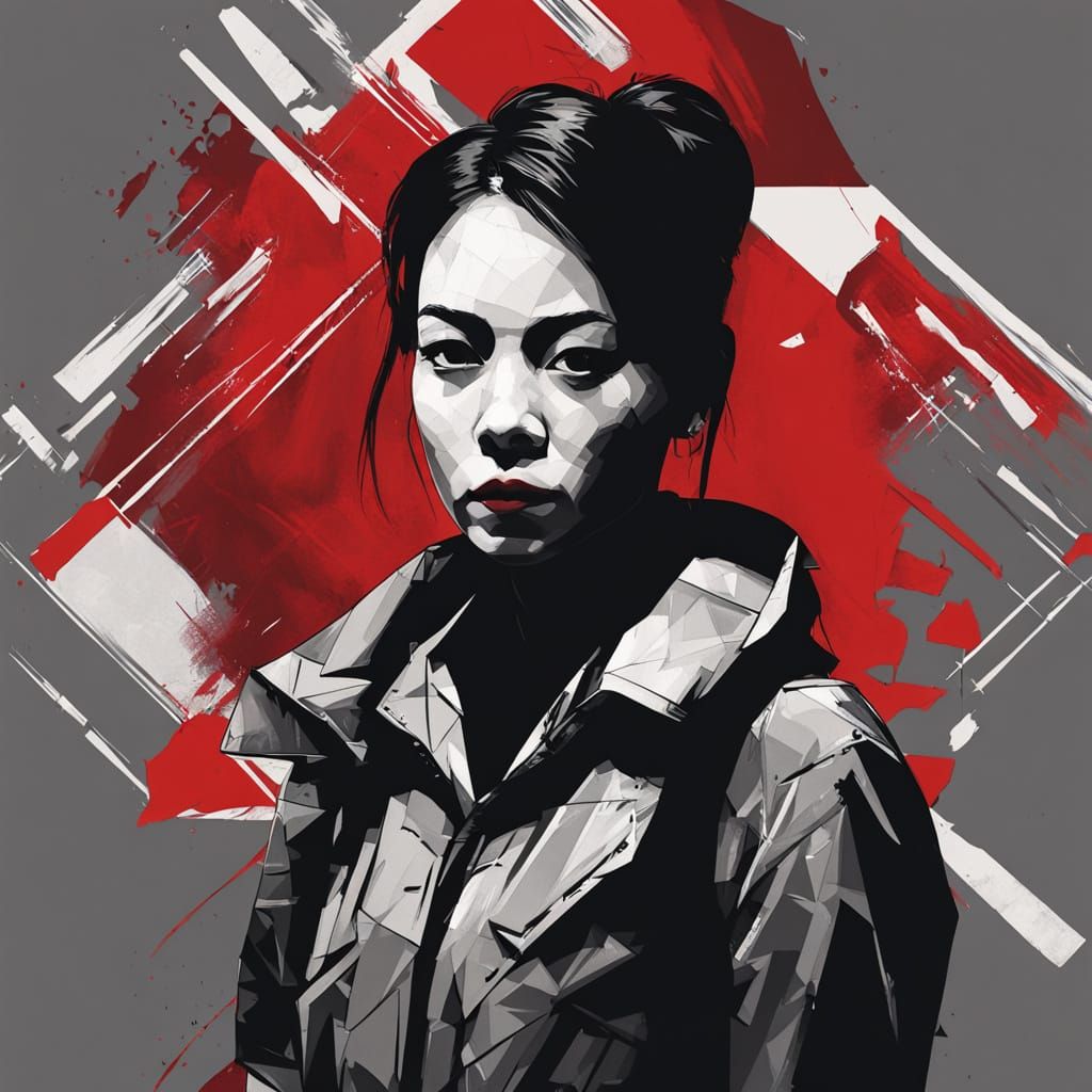 Monochrome Woman with Red Accents: Stylized Portrait