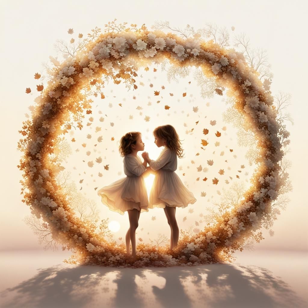 Children Embracing Seasons in Dreamlike Silhouette