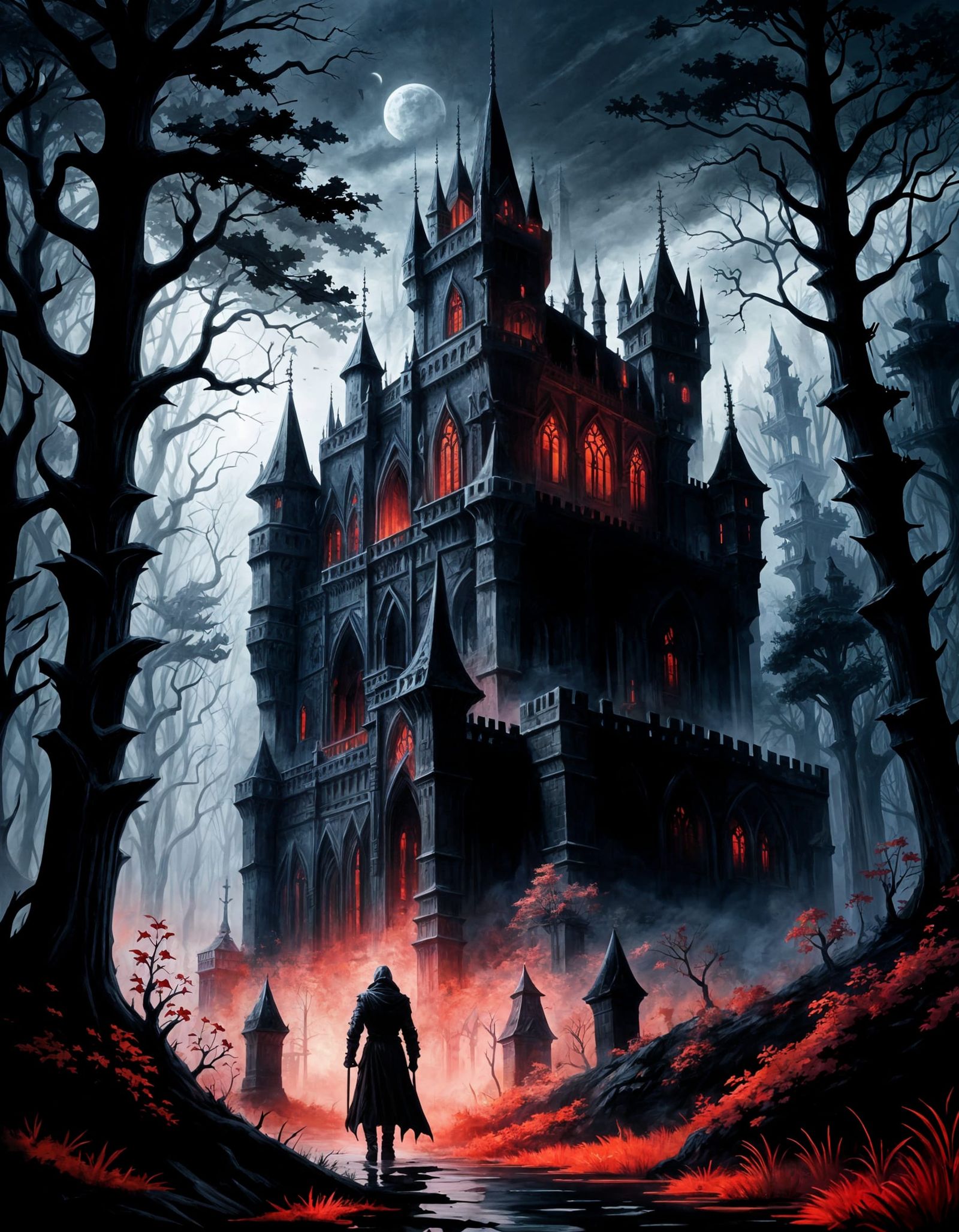 Eerie Gothic Castle in Foggy Forest