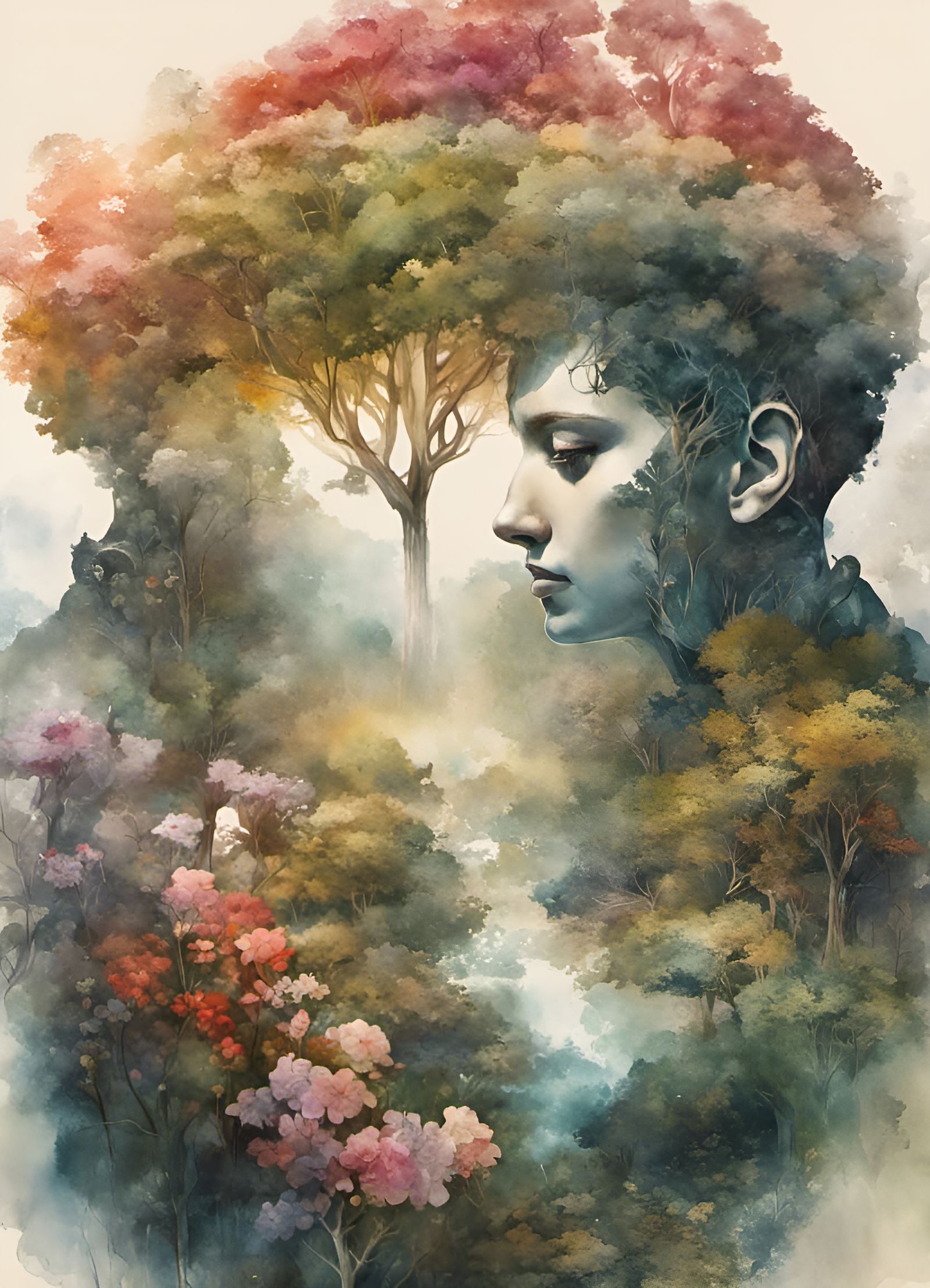 Fantasy Double Exposure Head and Landscape Watercolor