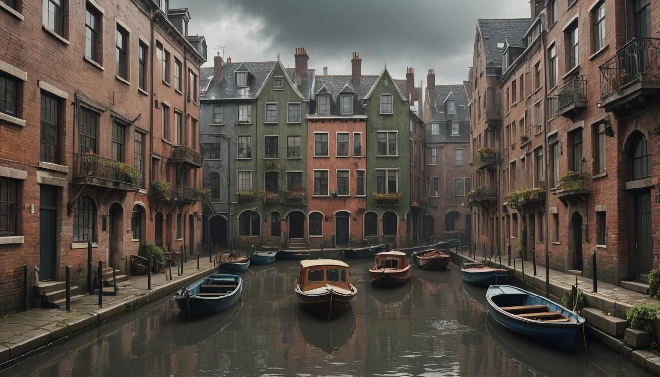 Townhouses and Boats on Canal in Rain