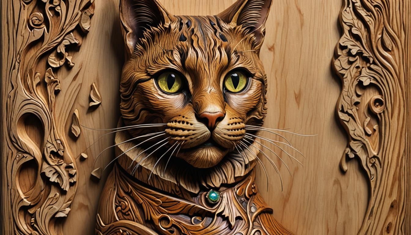 Curious Cat in Boot: Hyperrealistic Wood Carving