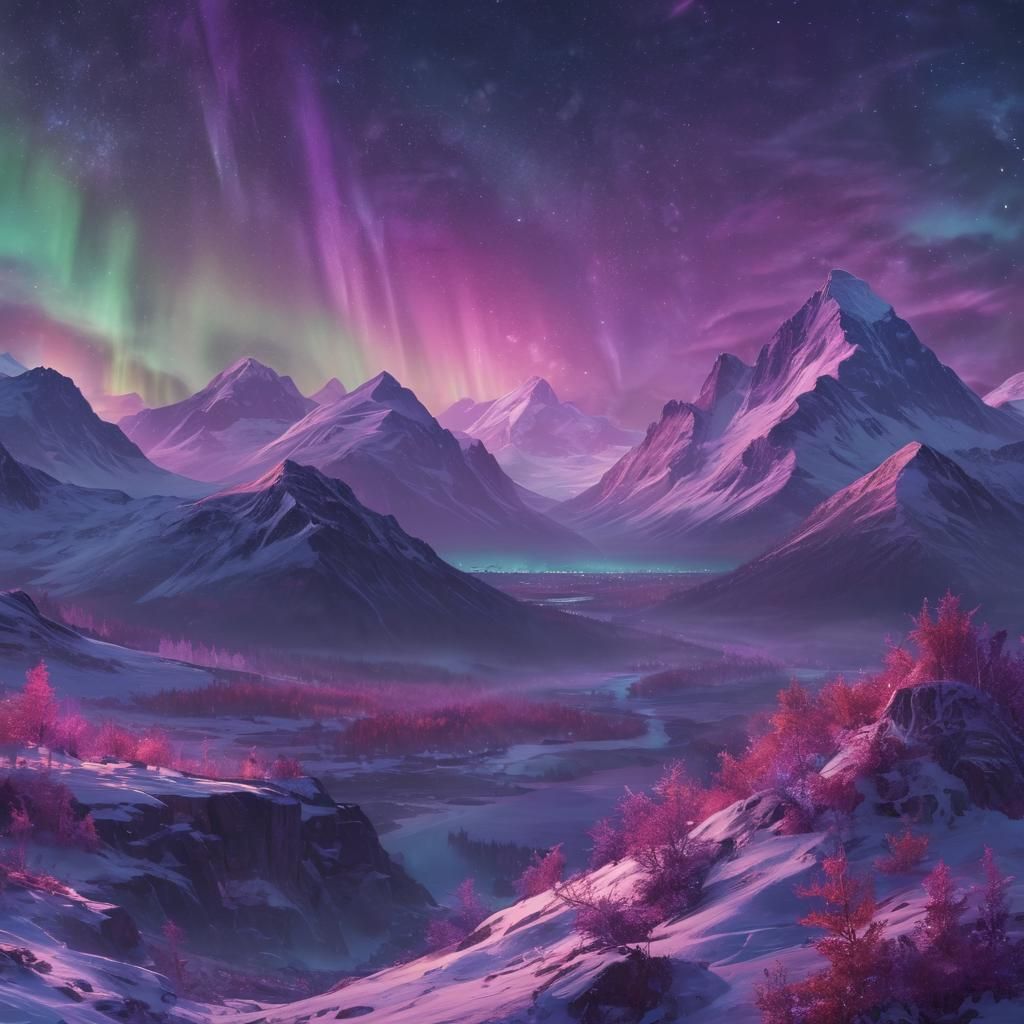 Snowy Mountains Under Northern Lights, Oil Painting
