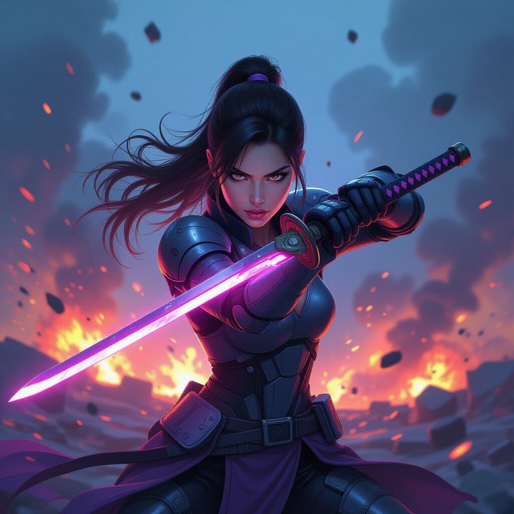 Futuristic Warrior Woman with Glowing Katana on Battlefield