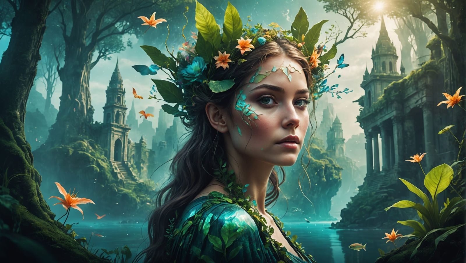 Fantasy Double Exposure: Woman in Mythical World