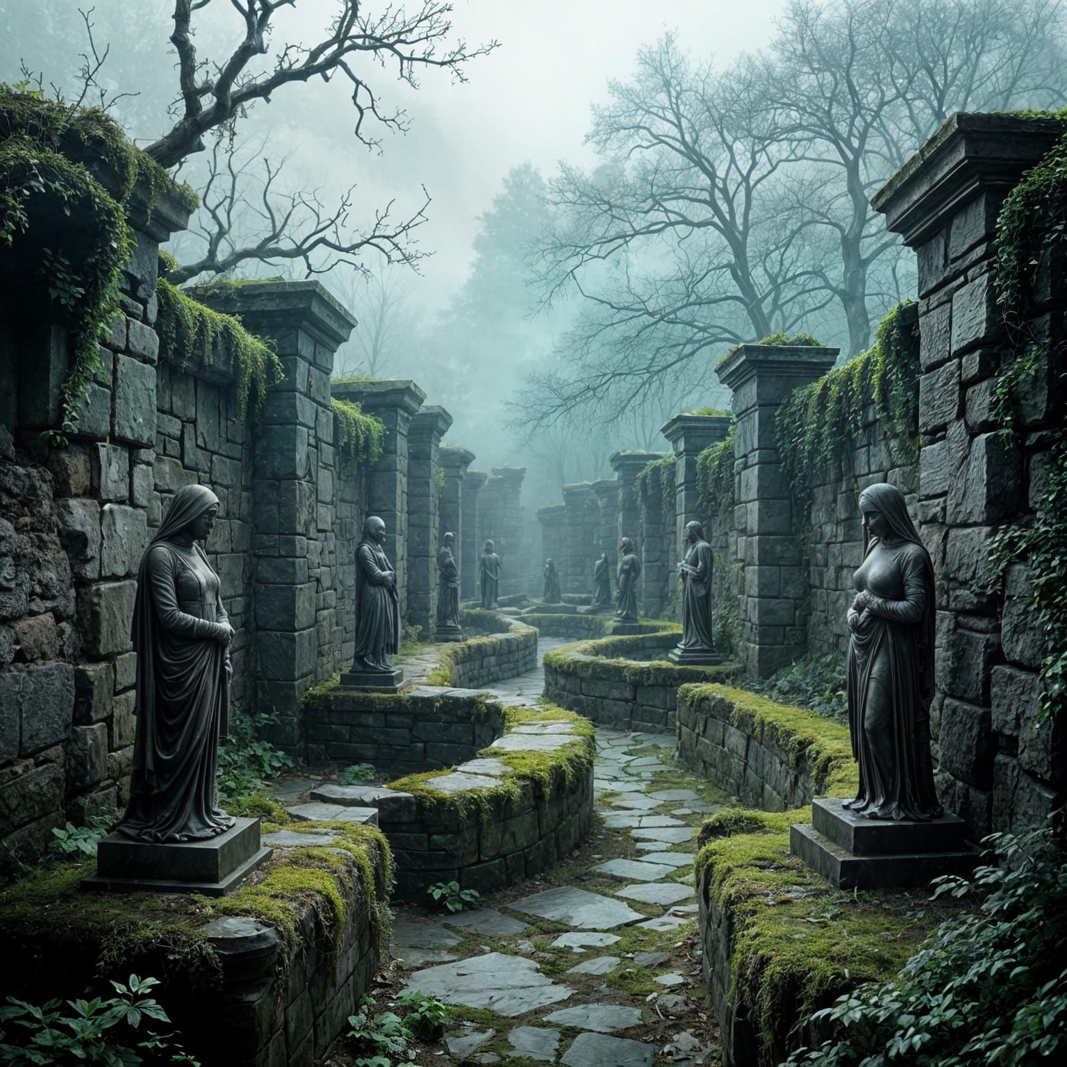 Surreal Stone Maze with Hidden Statues in Dark Fantasy Style