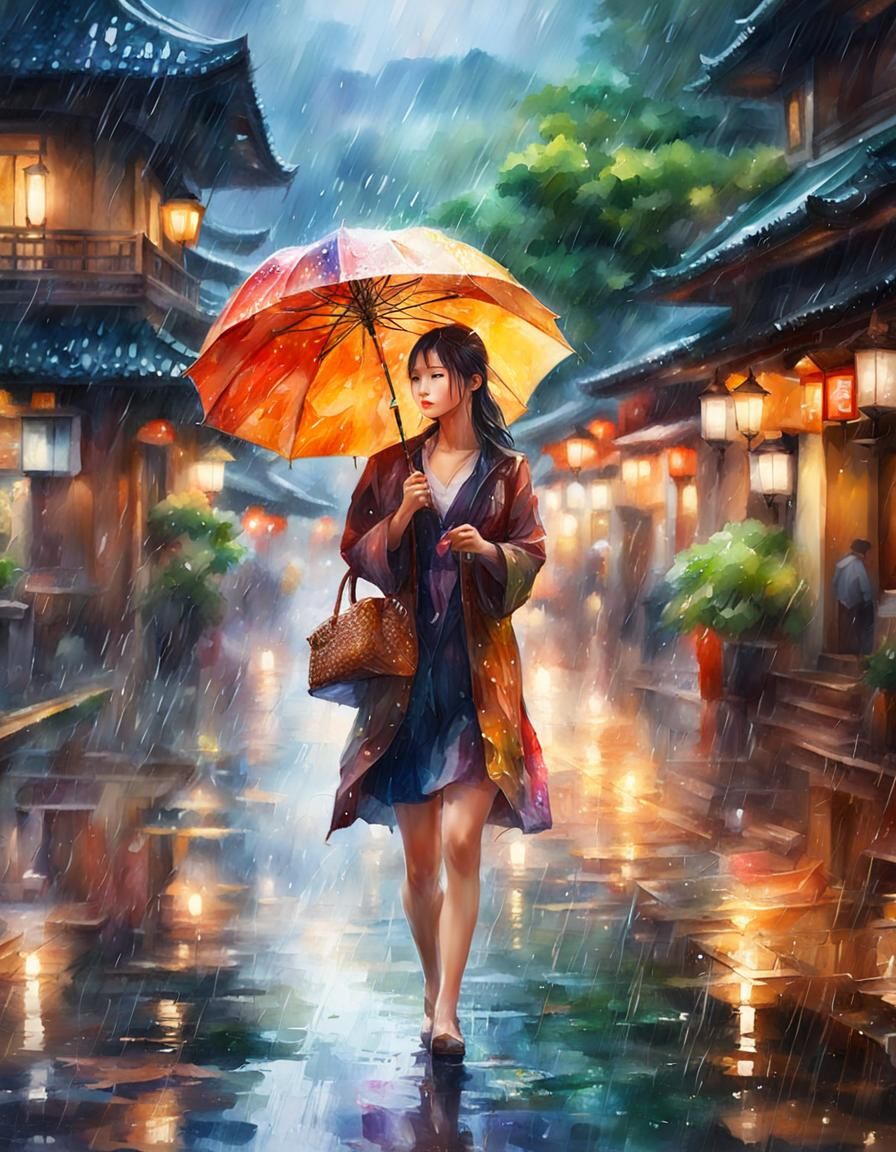 Rainy Day Anime Scene in 3D Watercolor