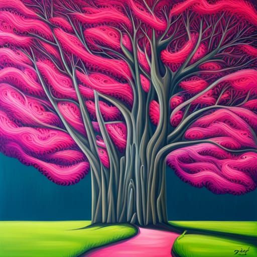 Pink Banyan Tree in Abstract Art Style