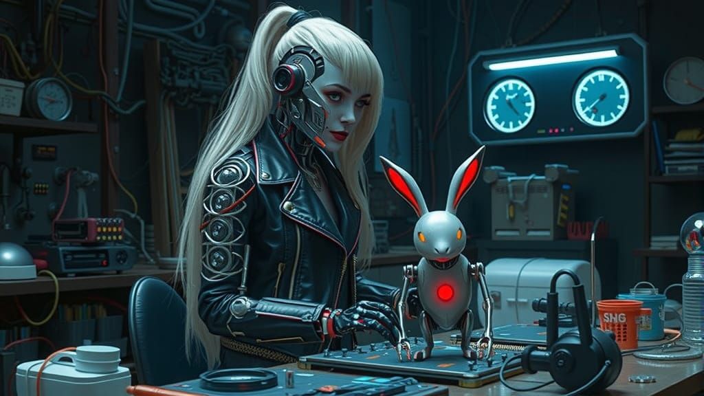 Cyberpunk Terminator Robot Inventing a Rabbit